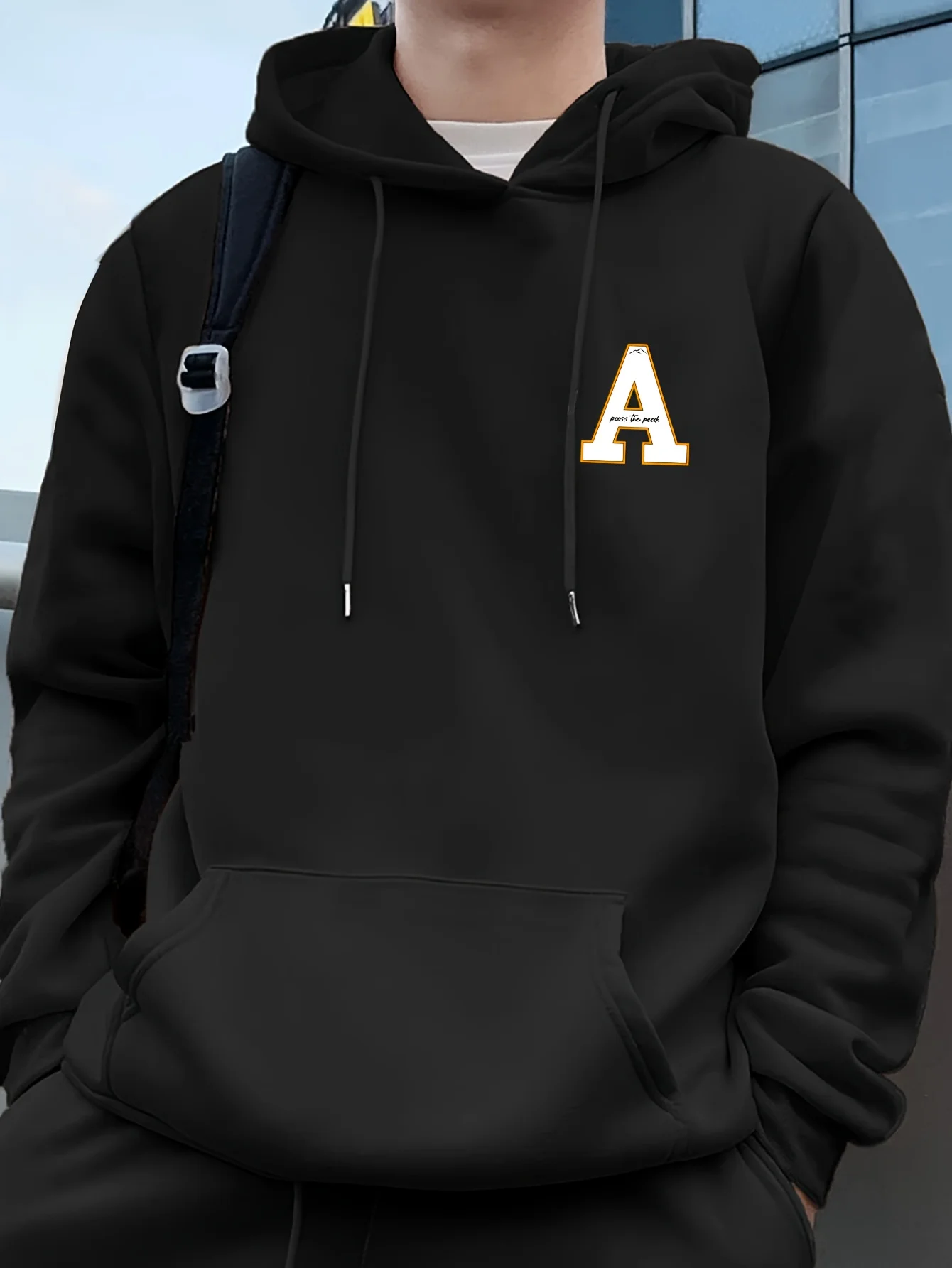 Moletom Masculino de Fleece com Capuz e Estampa de Letra A, Quente para o Inverno, Roupa Esportiva, Moletom Casual Solto para Treino