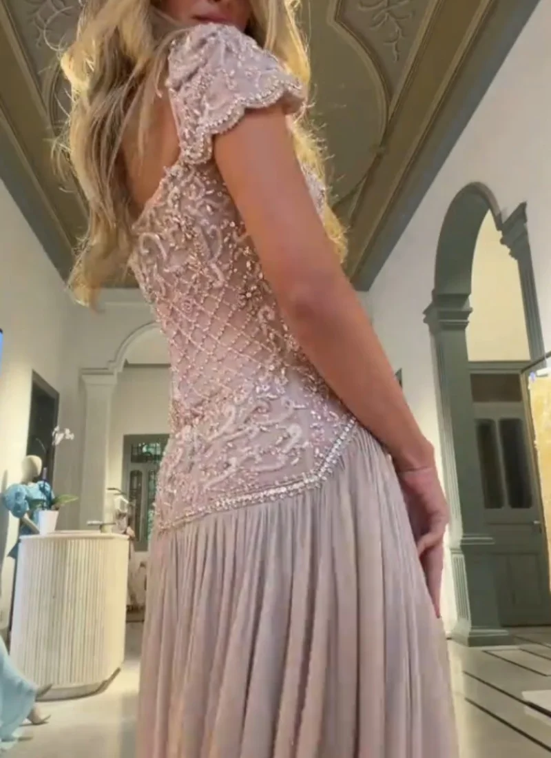 Luxuriöses, zartrosa A-Linien-Abendkleid mit Kristallperlen, Chiffon mit Schleife, Flügelärmeln, formelles Cocktailkleid, Ballkleid, Partykleid, maßgeschneidert