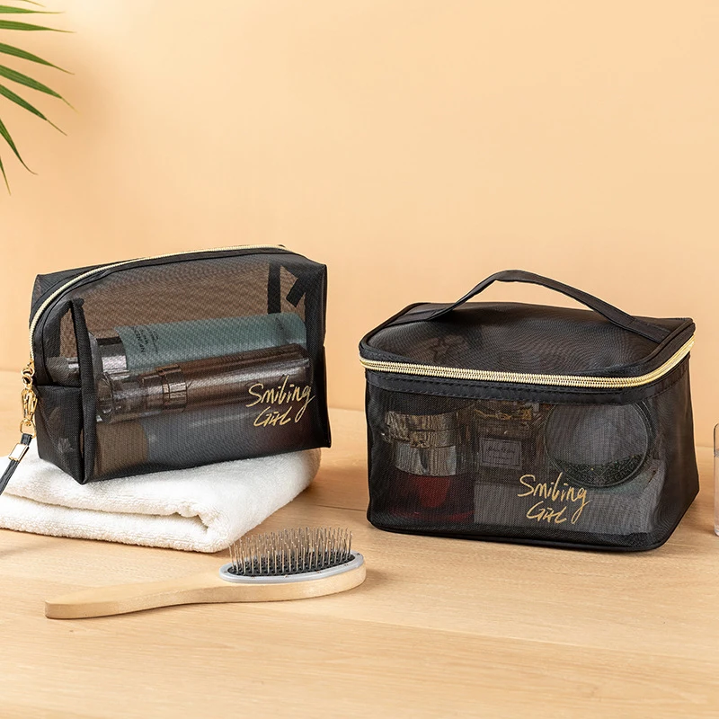 Sac cosmétique en maille avec fermeture éclair, sacs de maquillage, sacs de rangement de voyage, sacs de toilette, poudres de maquillage, noir, bureau