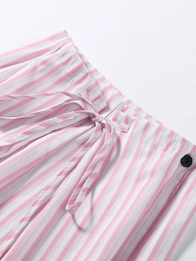 Verstellbare gestreifte Hose für Damen – Streetwear mit hoher Taille, Schnürung, weitem Bein und charmantem Panel-Design – Neu – Detail 4