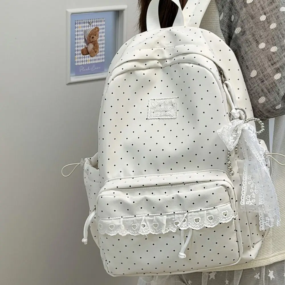 Modischer Süßer Polka-Dot-Rucksack mit Minimalistischem Schleifendesign und Spitzenbesatz, Leichter, Strapazierfähiger Schulrucksack für Schüler und Pendler – Detail 5