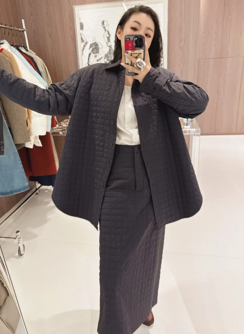 2024 Autumn New Women's Cotton Robe, Fashionable and Simple, Japanese Collar, Diamond Grid Pattern Coat