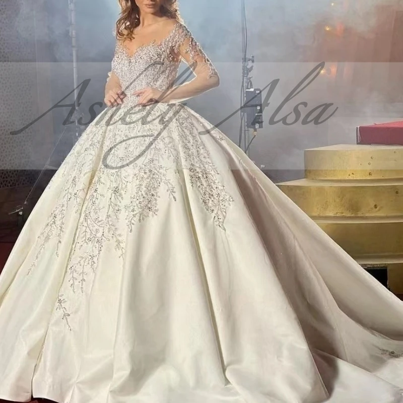 AQ212 Customized Women Wedding Dresses Illusion Long Sleeve Sheer Neck Applique Satin Puffy Bride Bridal Gown Vestido De Noiva