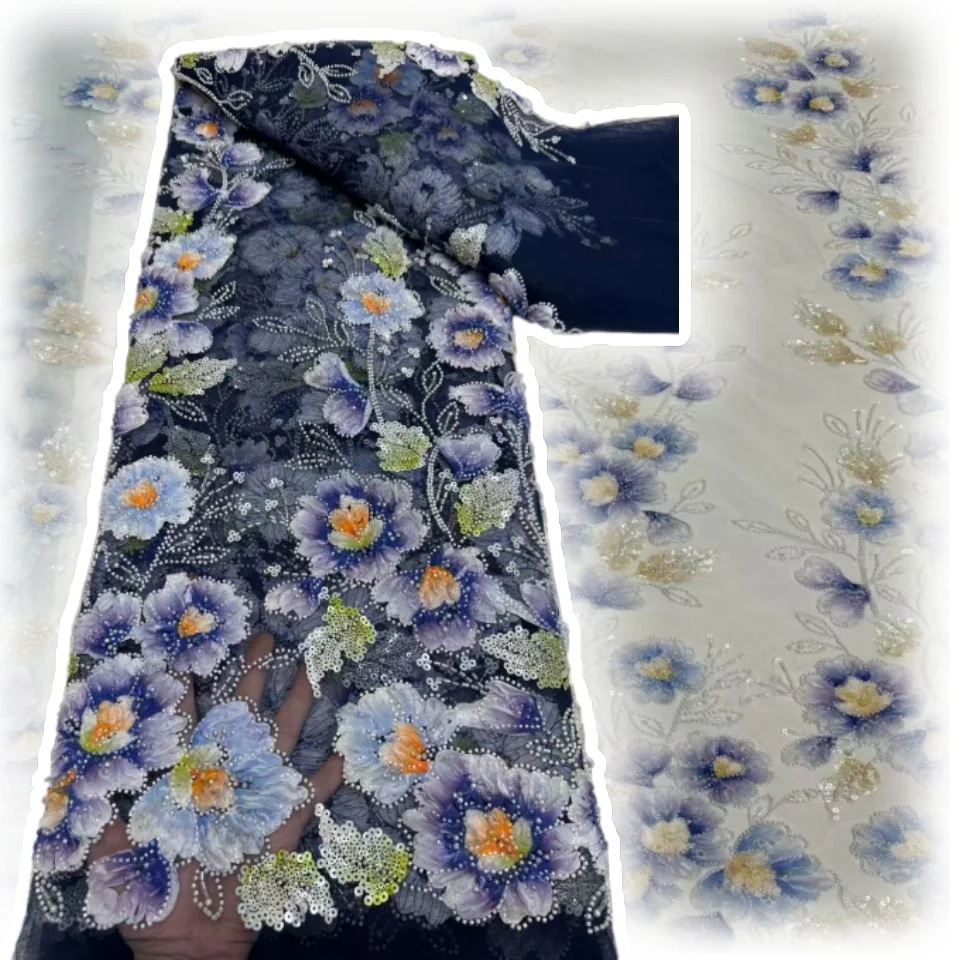 

Африканская кружевная ткань, новейшее высокое качество, 2021, нигерийское кружево с блестками, 3D вышивка, кружевная ткань для шитья платья, 5 ярдов, AH1594