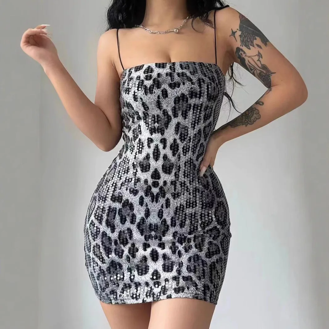 

2025 Summer New Women's Fashion Print Sequins Leopard Street Wind Nightclub Joker Suspender Dress Elegant Evening Dress Ladies