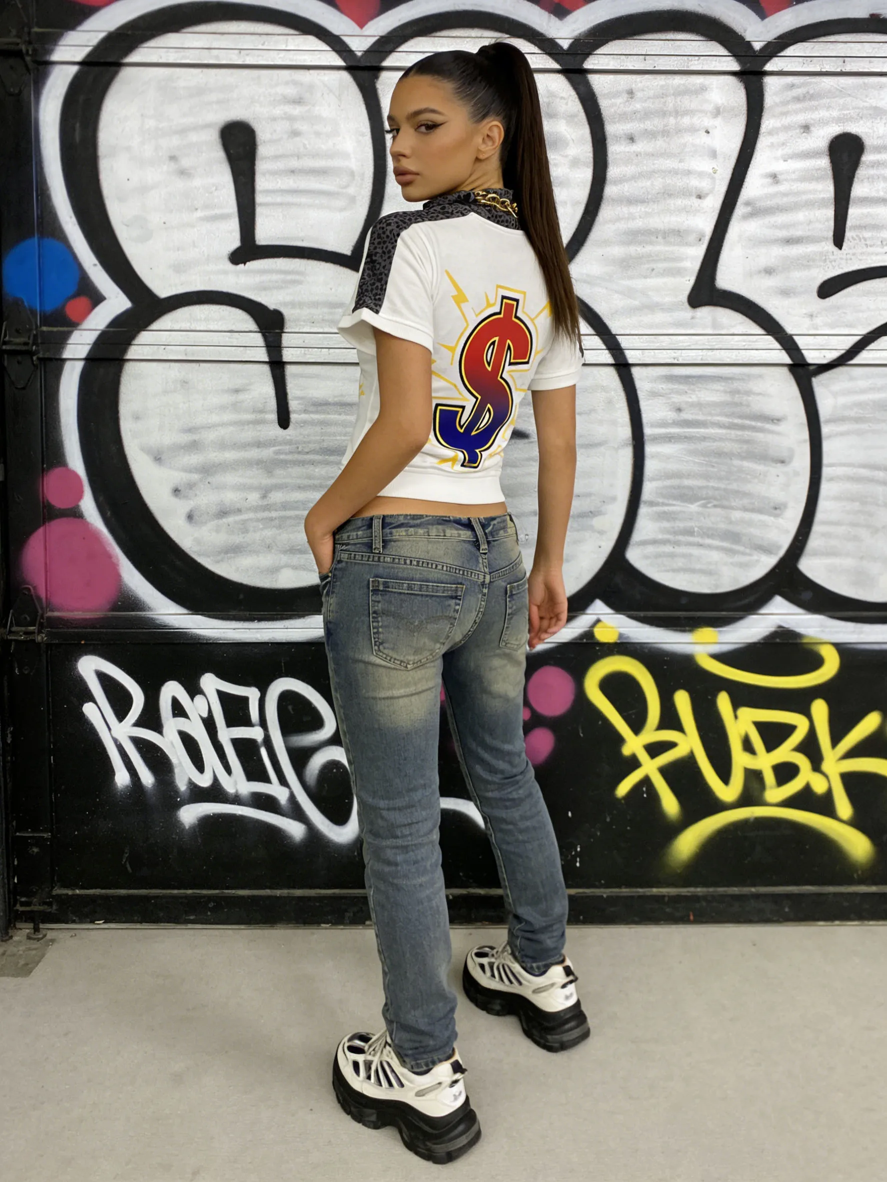 Camisola feminina branca Zip-Up Crop-Star Print Leopard Trim Manga Curta Streetwear Outono Casual American Retro Top