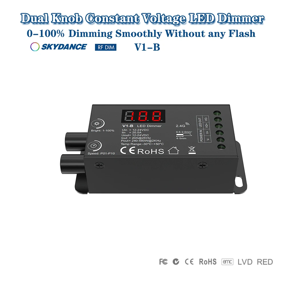 

Skydance V1-B DC12-24V Двойная ручка с цифровым дисплеем ШИМ Регулируемая частота Контроллер 2,4GRF для одноцветной светодиодной ленты