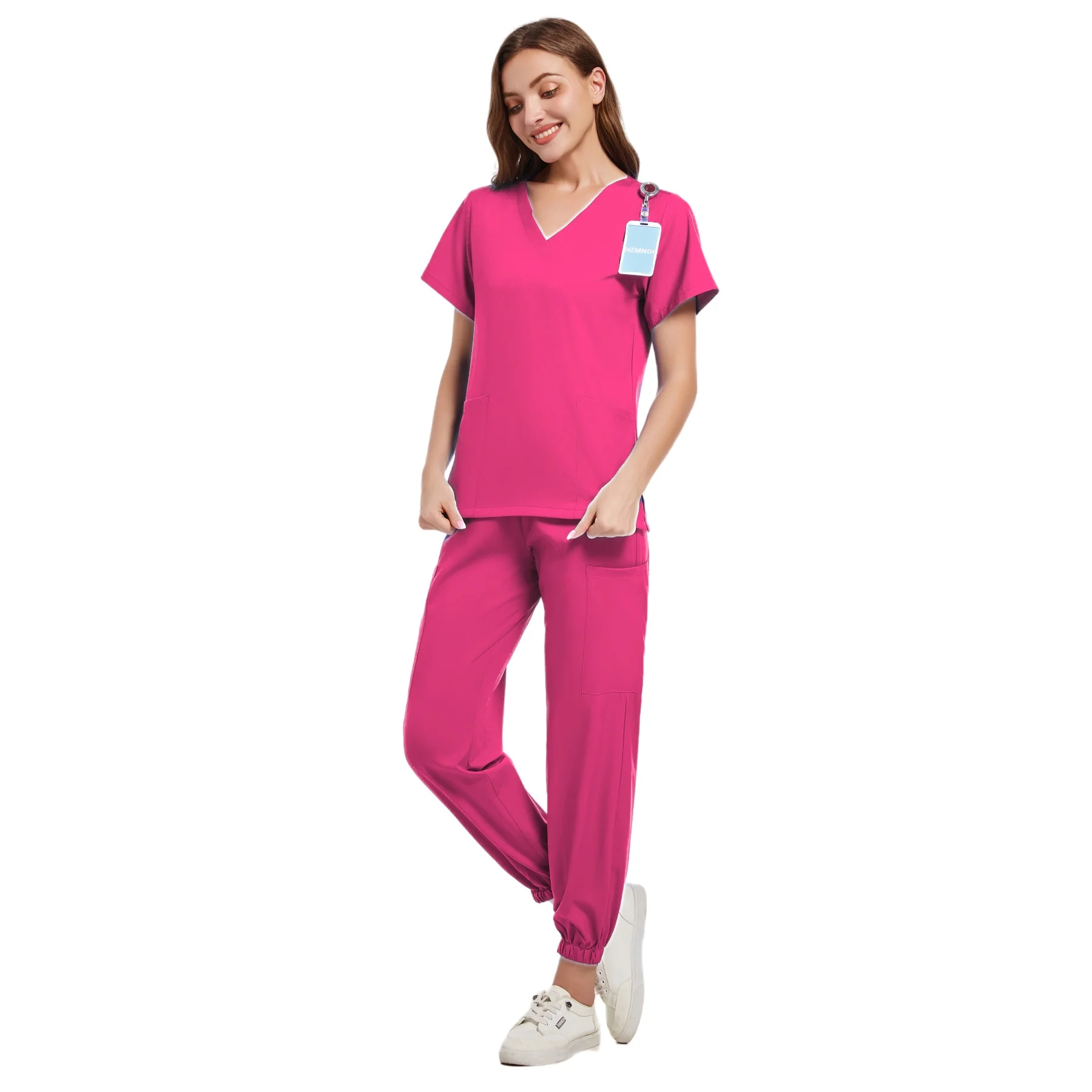 Medical Accessories Women Elastic Scrubs Uniform Sets Hospital Surgical Gowns Short Sleeve Tops Jogger Pants Suit Doctor Clothes