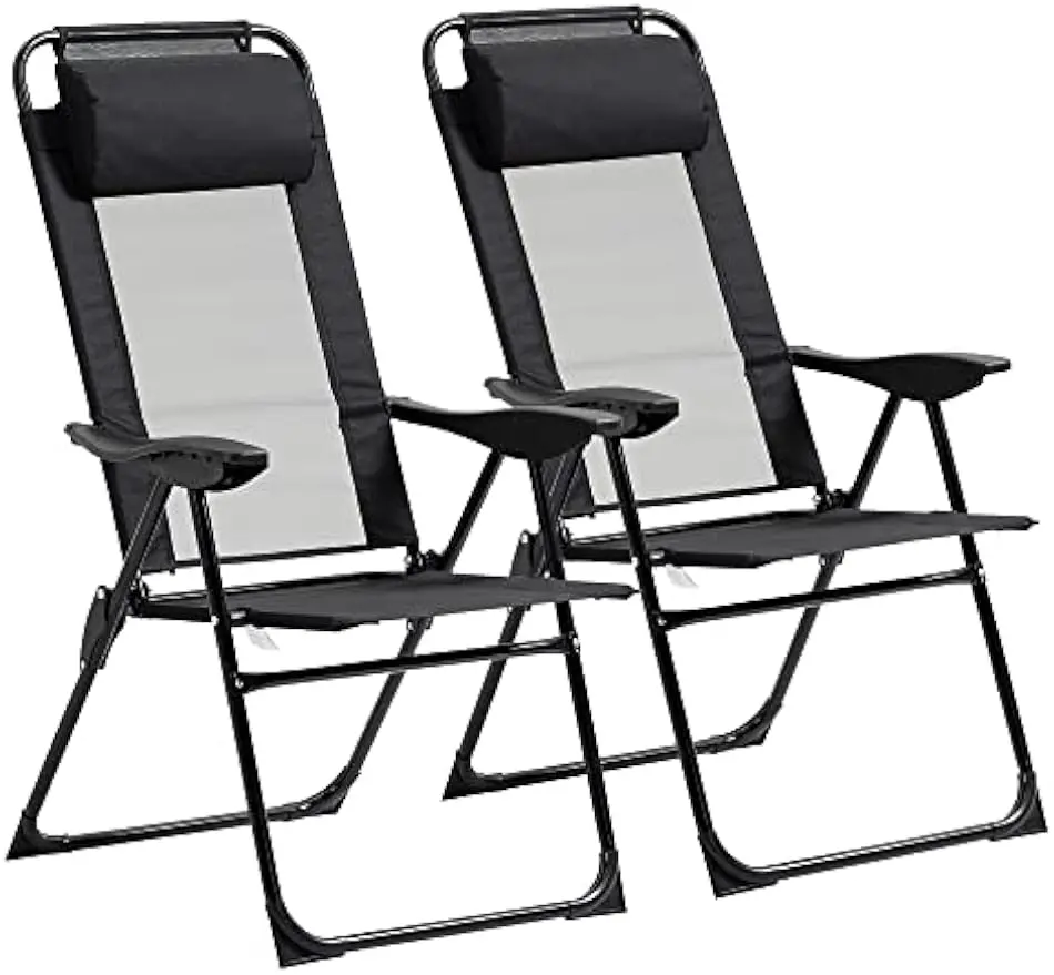 Folding Patio Chairs Set of 2,Outdoor Deck Chair with Adjustable Sling Back,Camping Chair with Removable Headrest Black