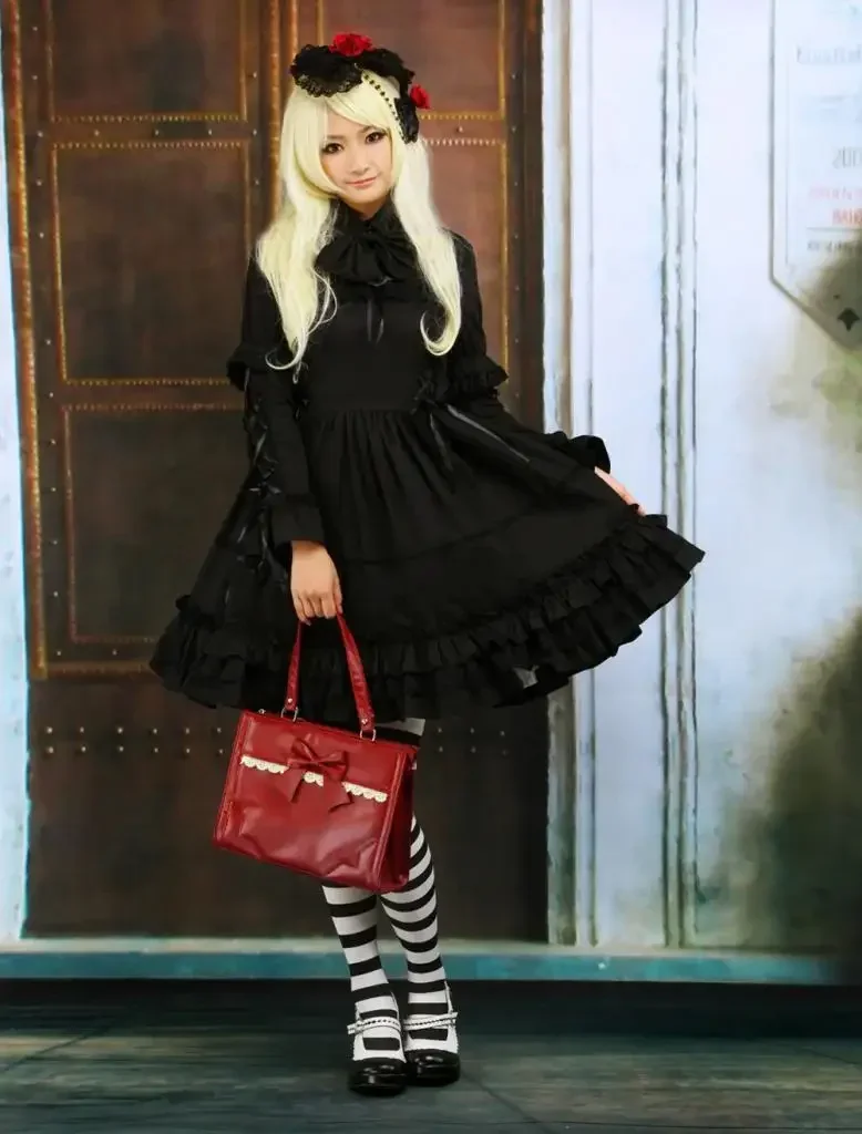 Womens Gothic Style Black Cotton Long Sleeves Court Lolita Dress Party Halloween