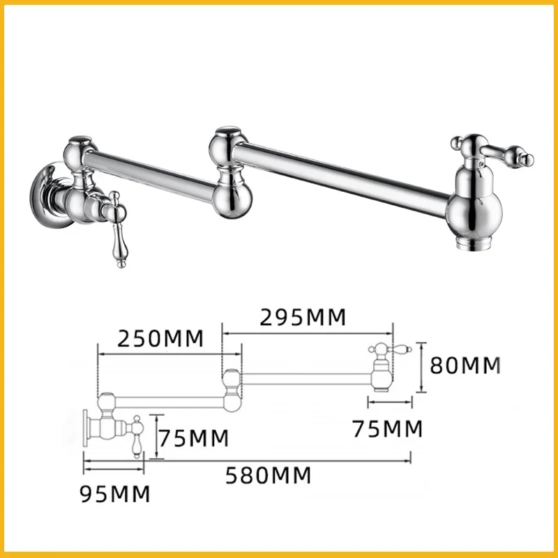 Wall Mount Brass Kitchen Faucet Single Cold Sink with Double Joint Stretchable Swing Arm Rotatable Spout Folding Washing Tap