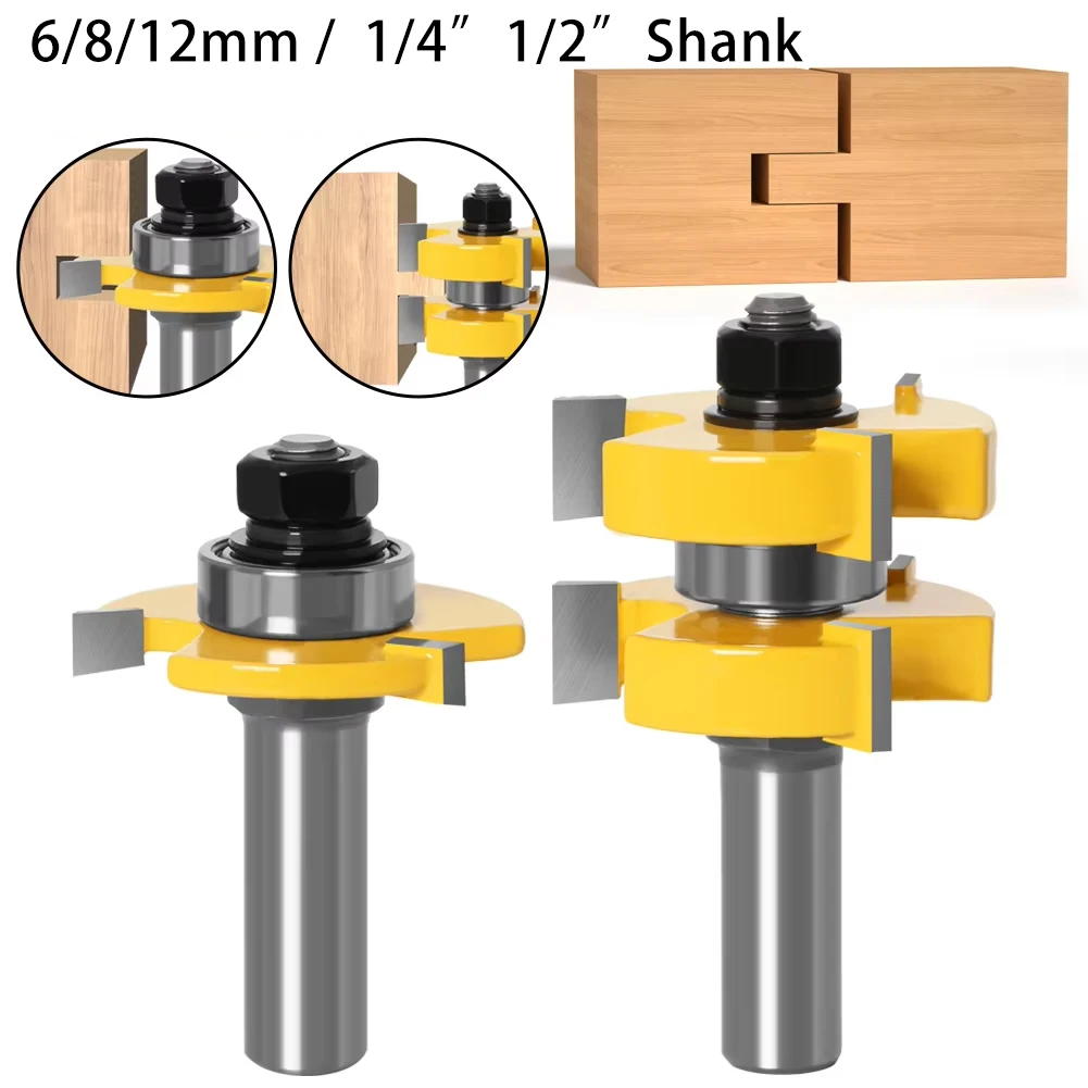 6 8 12mm 1/4 1/2 Zoll Schaft 2-teiliges 3-schneidiges T-Profil Nut- und Federfräser-Set Holzbearbeitungs-Fräser