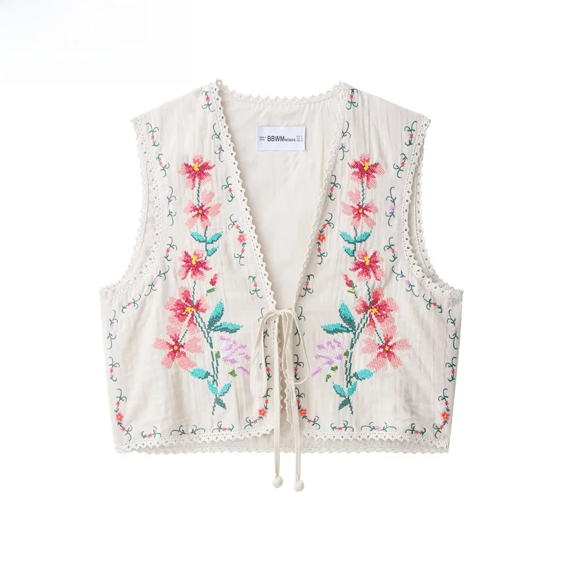 

ZBZR Spring New Women's Cotton Floral Embroidery Svel V-ne Vest Versatile Sle ort Length with Belt Plant Pattern
