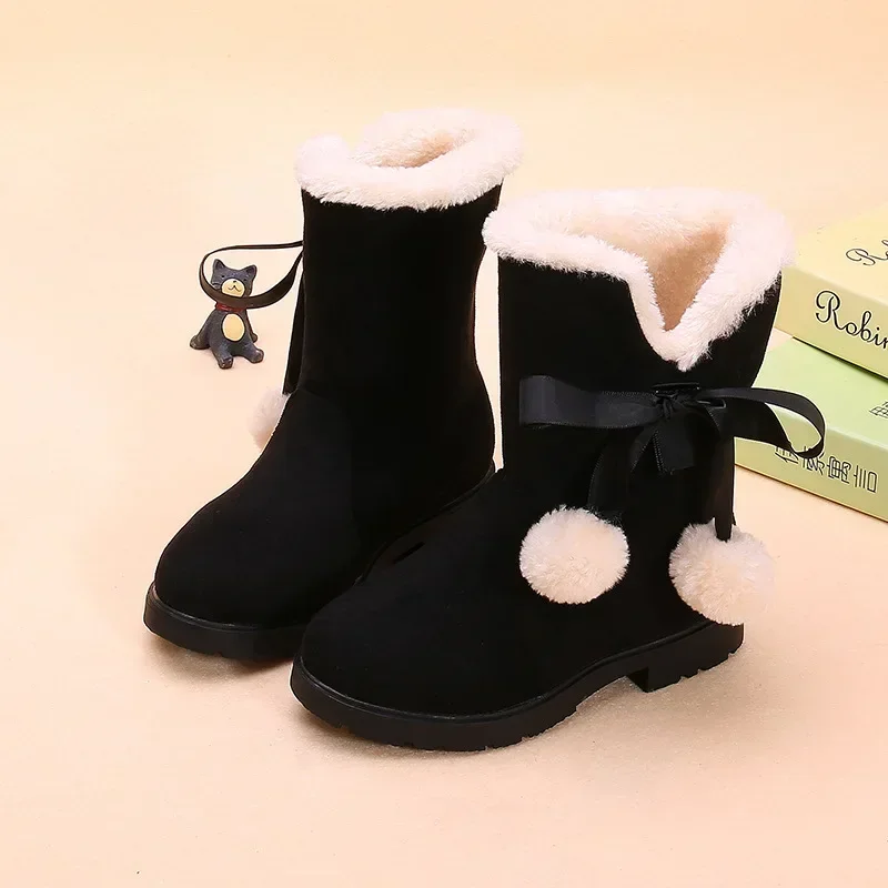 Children\'s Winter Boots for Girls Princess Medium Big Kids Snow Boots Warm Fur Bowtie with Hairball Cute Sweet Plush Suede Boots