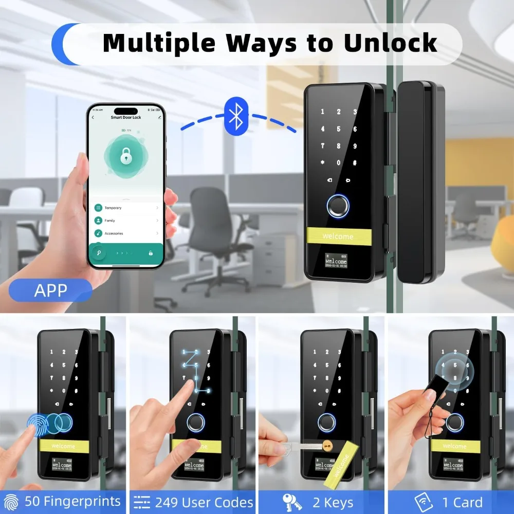 قفل باب زجاجي ذكي، 7 في 1 بدون مفتاح لبصمة الإصبع مع التحكم في التطبيق، أقفال رقمية إلكترونية مع رمز لوحة المفاتيح، Aut #2