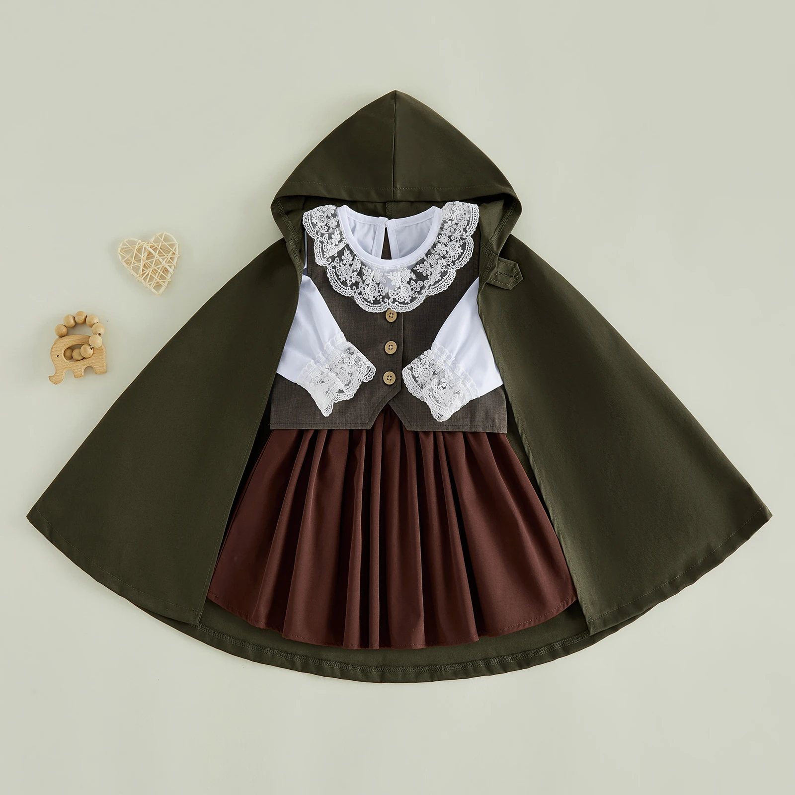 Toddler Girl Renaissance Outfit 4 Piece Set Green Hooded Cape Brown Vest and White Tops Skirt Halloween Medieval Costume
