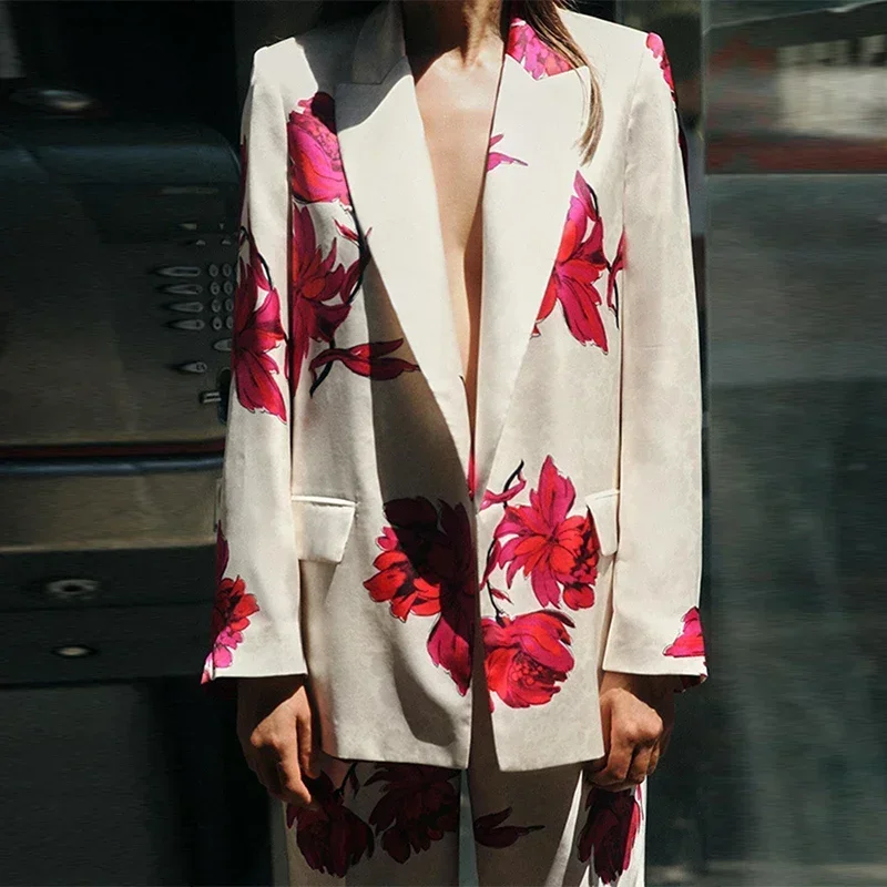 Elegant Printed Pants 2 Piece Set Women Notched Collar Fake Pocket Blazer Coat High Waist Trousers 2024 Autumn Lady Loose Outfit