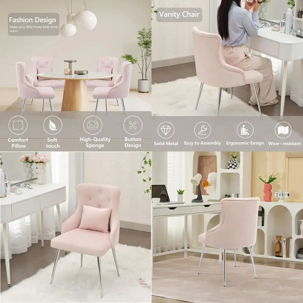 

Розовое мягкое кресло для туалетного столика с металлическими ножками для макияжа, чтения, работы за столом и использования в жилых помещениях