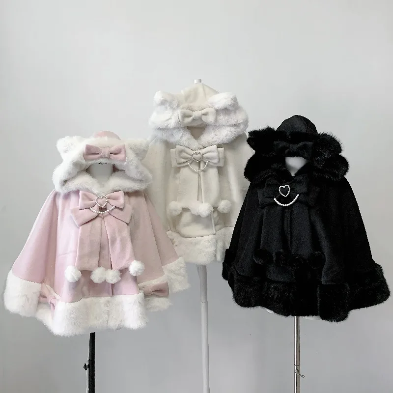 

Японский милый милый плащ с капюшоном и бантом, осень-зима, новый теплый плащ принцессы Лолиты, 20, шерстяная накидка на флисовой подкладке для девочек и женщин