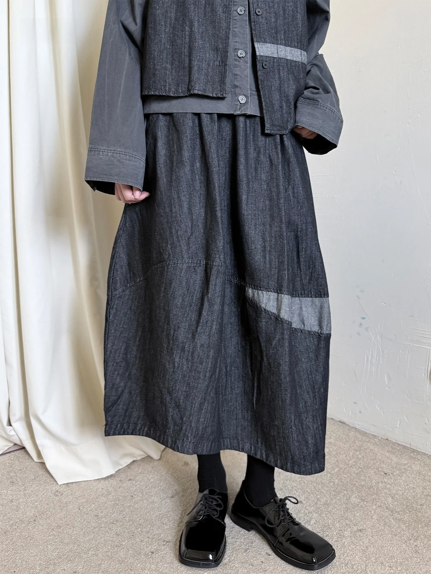 Creative Contrast Fabric Denim Beautiful Half Skirt A-Line Pleated Skirt Leisure Cotton Blend mid Waist A-Line Skirt