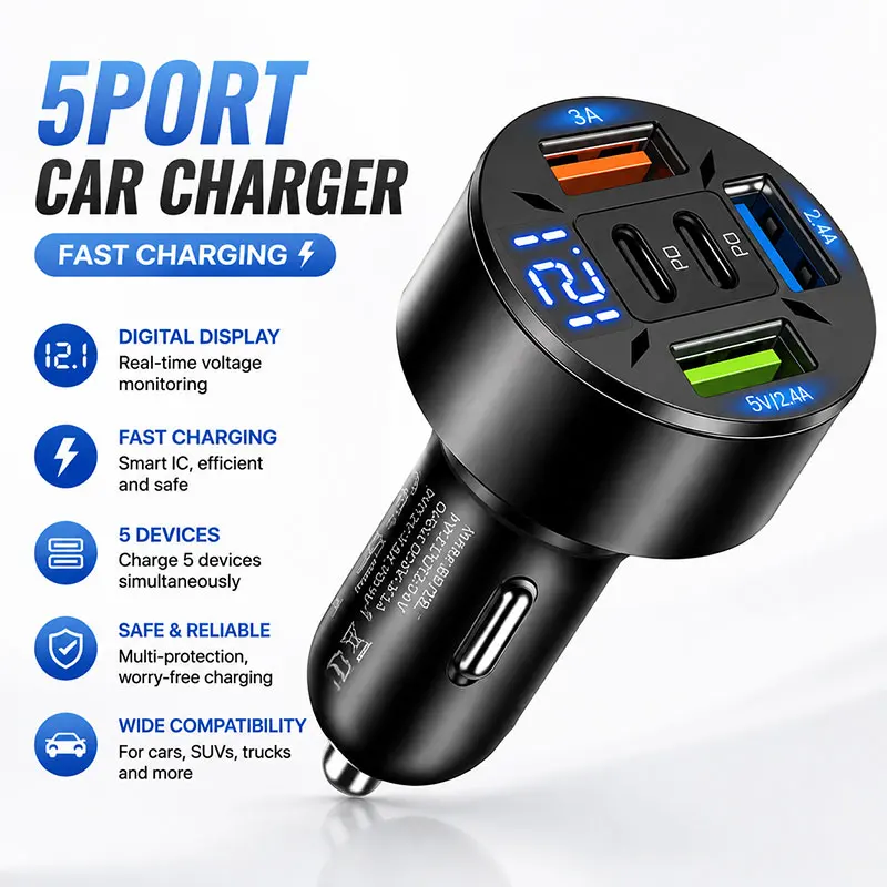 5Port Car Charger for for iPhone Samsung Huawei Fast Charging Cigarette Lighter Adapter Type C USB Adapter Car Phone Charger