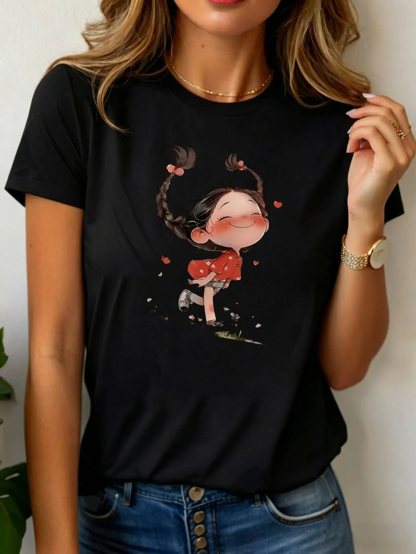 Cute Cartoon Girl Print Women's T-Shirt Casual Outdoor Lightweight Comfortable Daily Wear Printed Round Neck Short Sleeve Season