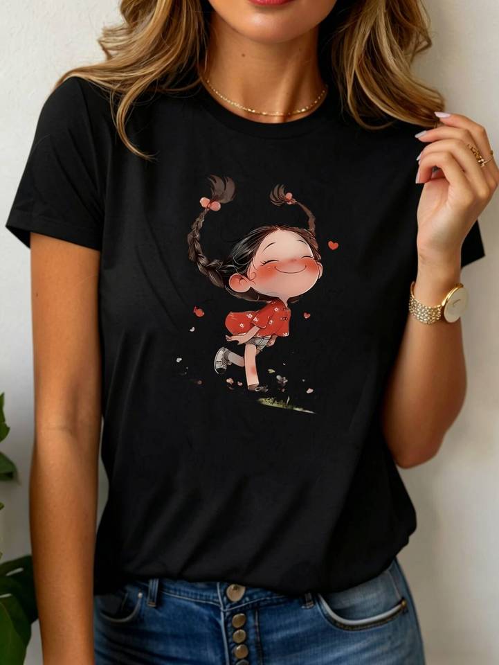  Cute Cartoon Girl Print Women's T-Shirt Casual Outdoor Lightweight Comfortable Daily Wear Printed Round Neck Short Sleeve Season