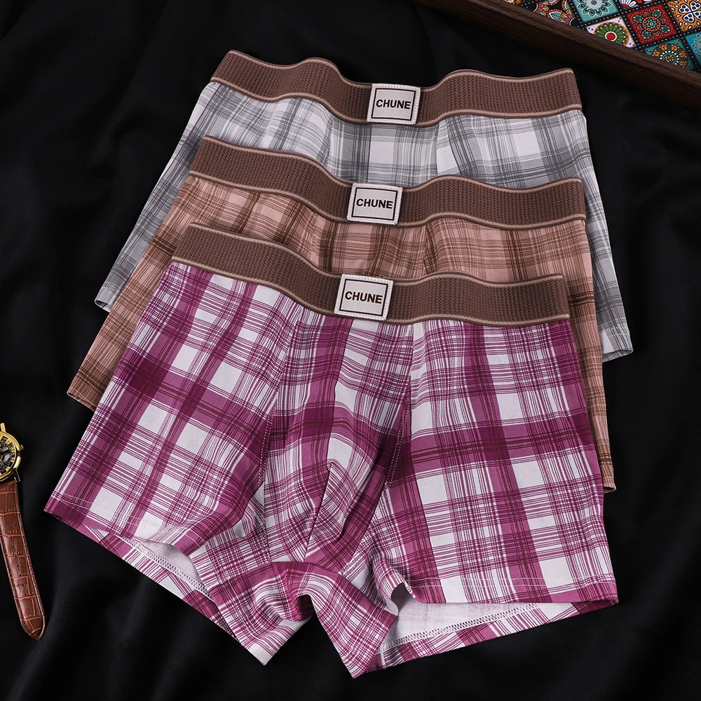 

3 шт./упак. Модные мужские трусы-боксеры в клетку из 100% хлопка, супермягкие, дышащие, антибактериальные, высокоэластичные