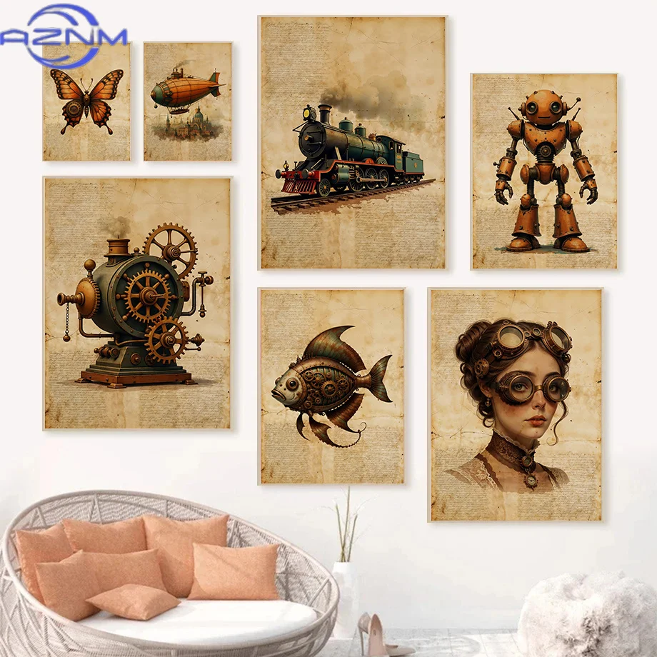 AZNM Classic Vintage Steampunk Gramophone Airship Posters Robot Machine Gears Prints Canvas Painting Wall Art Picture Home Room