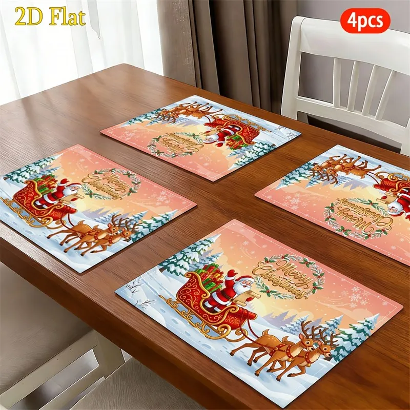 VIKAMA Christmas Linen Placemats, Santa Sleigh Reindeer Pink Sky, Machine Washable Heat Resistant, Holiday Dinner