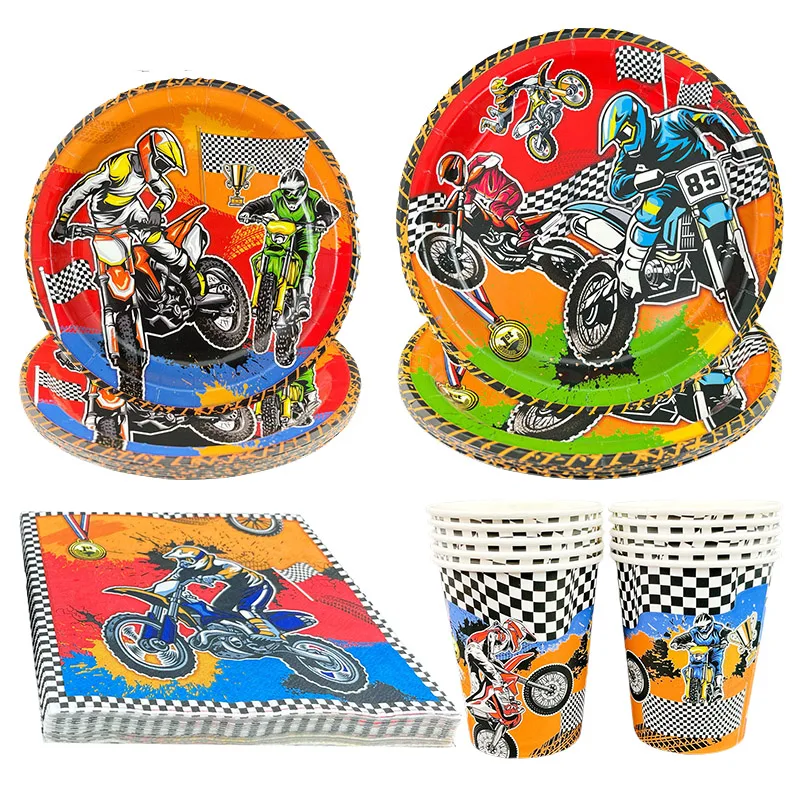 Motorcycle Party Disposable Tableware Paper Plates Cups Napkins Kids Boys Birthday Motorcross Party Decoration Supplies