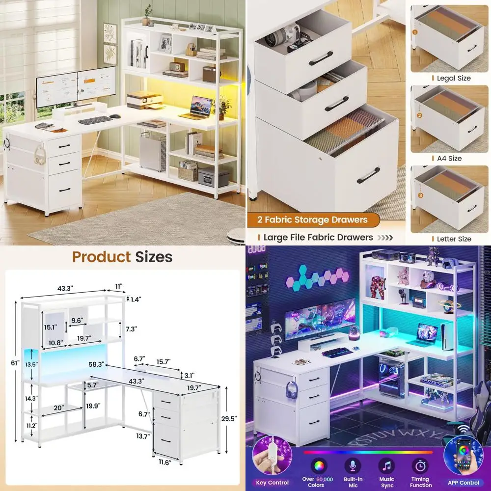 L-Shaped 58 Computer Desk with Storage Drawers and Bookshelf, featuring LED Lighting