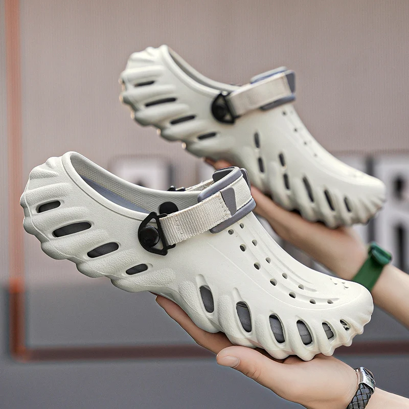 Zapatillas de verano para hombre con suela gruesa, transpirables y con punta suave, zapatos tipo zueco antideslizantes y resistentes al desgaste para el hogar, plantilla acolchada con tacón plano de EVA