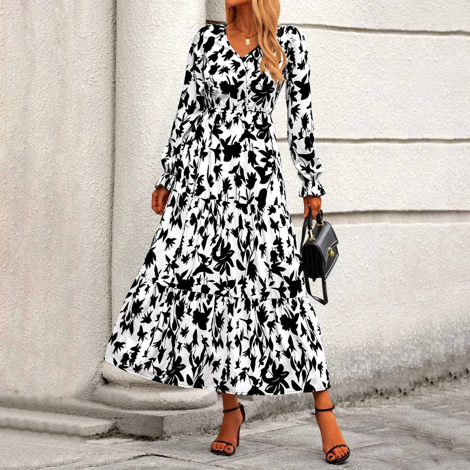 Women Autumn Summer Dresses Casual Long Sleeve V Neck Maxi Vestidos Floral Boho Long Dresses vestidos de fiestas elegantes mujer