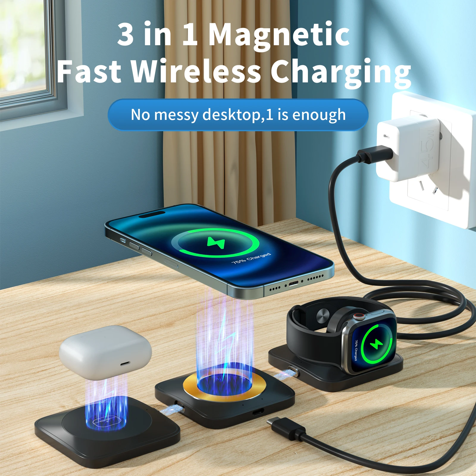 

3 in 1 removable Wireless Charger Pad Stand for iPhone 17 16 15 14 Pro Airpods iWatch xiaomi Fast Wireless Charging Dock Station