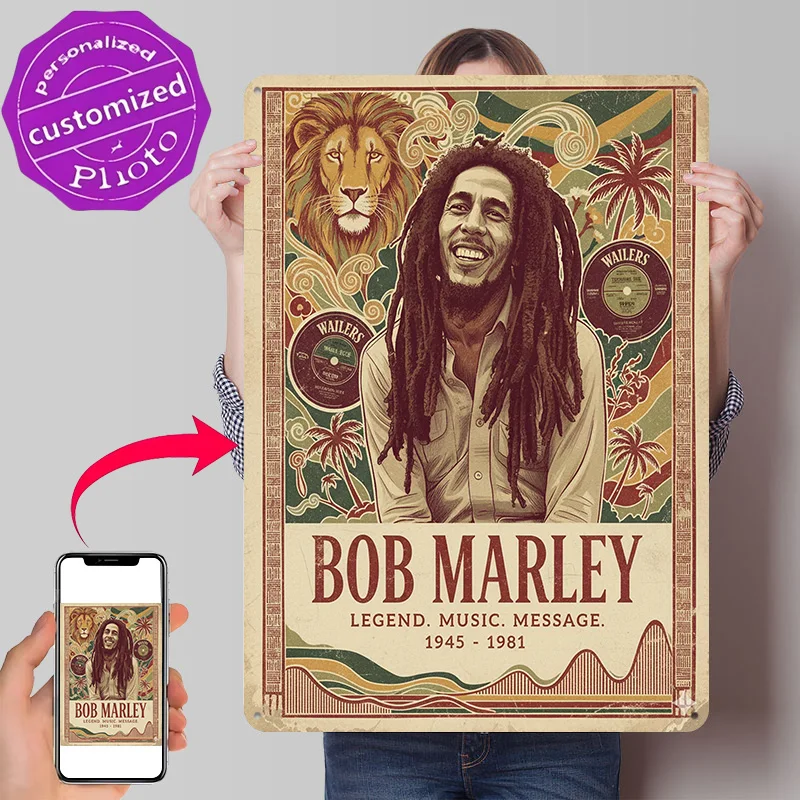Bob Marley Portrait With Lion and Records Personalized 3D Textured Metal Poster Wall Art Vintage Tin Signs for Decor Living Room