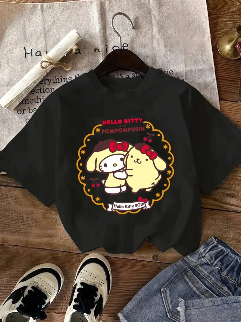 

Хлопковая футболка Hello Kitty Pom Pom Purin Sanrio, очаровательная бавовняная футболка с принтом 40th Anniversary Duo, высокое качество, чистый хлопок для повседневной носки