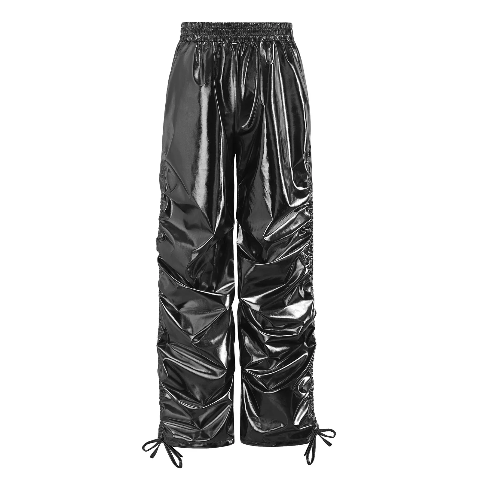 Kids Boys Girls Metallic Jazz Dance Pants Disco Costume Elastic Waistband Ruched Straight Trousers with Pockets for Hip-hop Wear