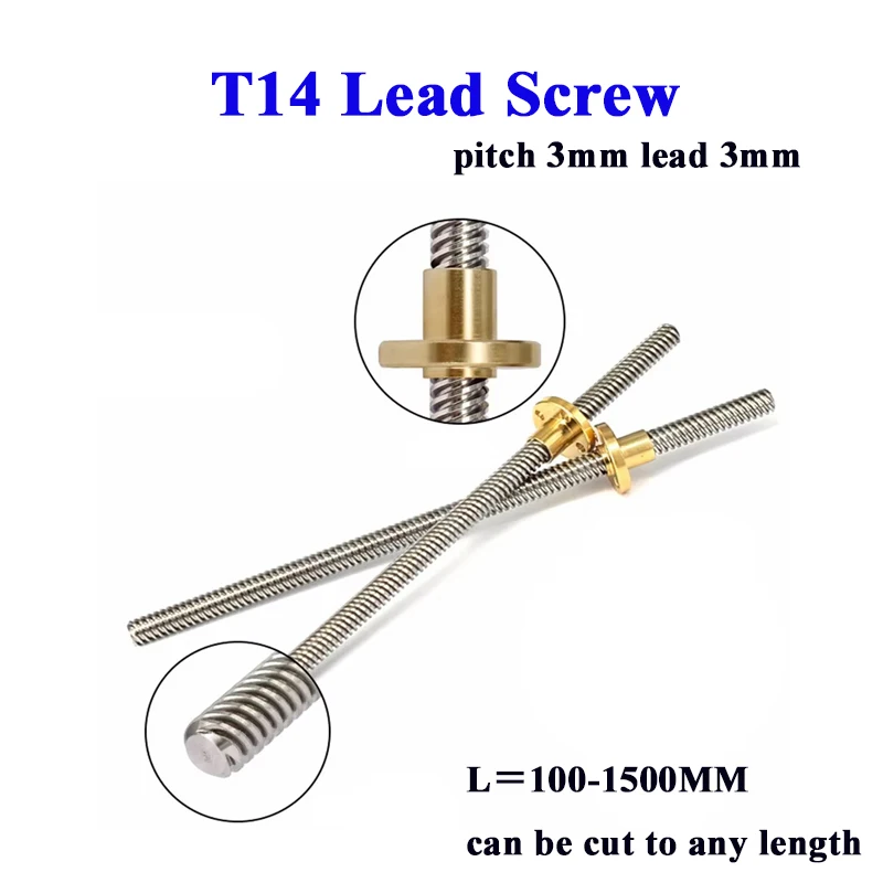 T14 Lead Screw Trapezoidal Rod Diameter 14mm pitch 3mm lead 3mm 6mm with Brass Nut for 3D printer CNC Parts Stainless Steel