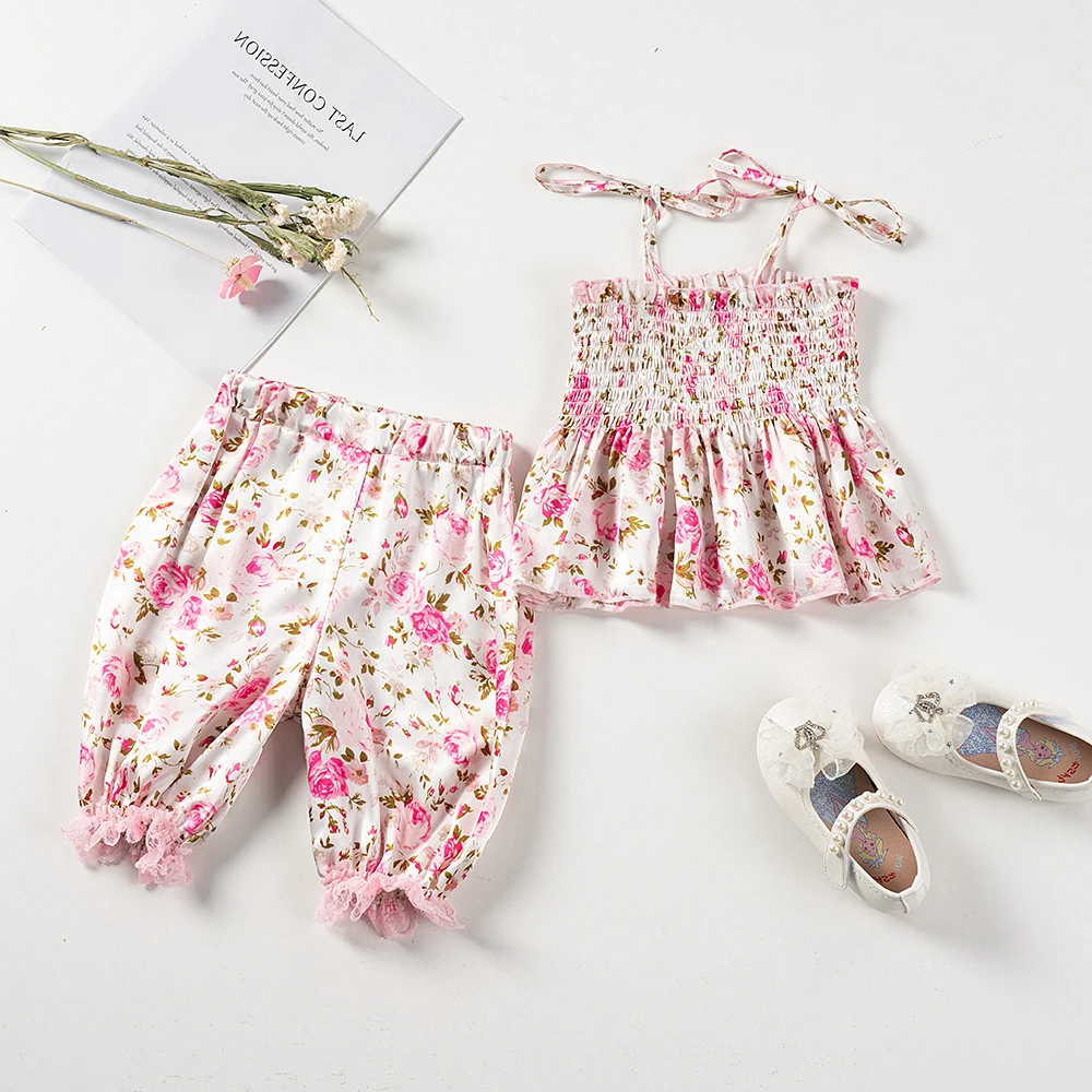 2023 Brand New Rose Trend Summer Girls Set Tops And Pants  Floral Beach Clothes Vacation Clothing Children's Suits For 1-5 Years