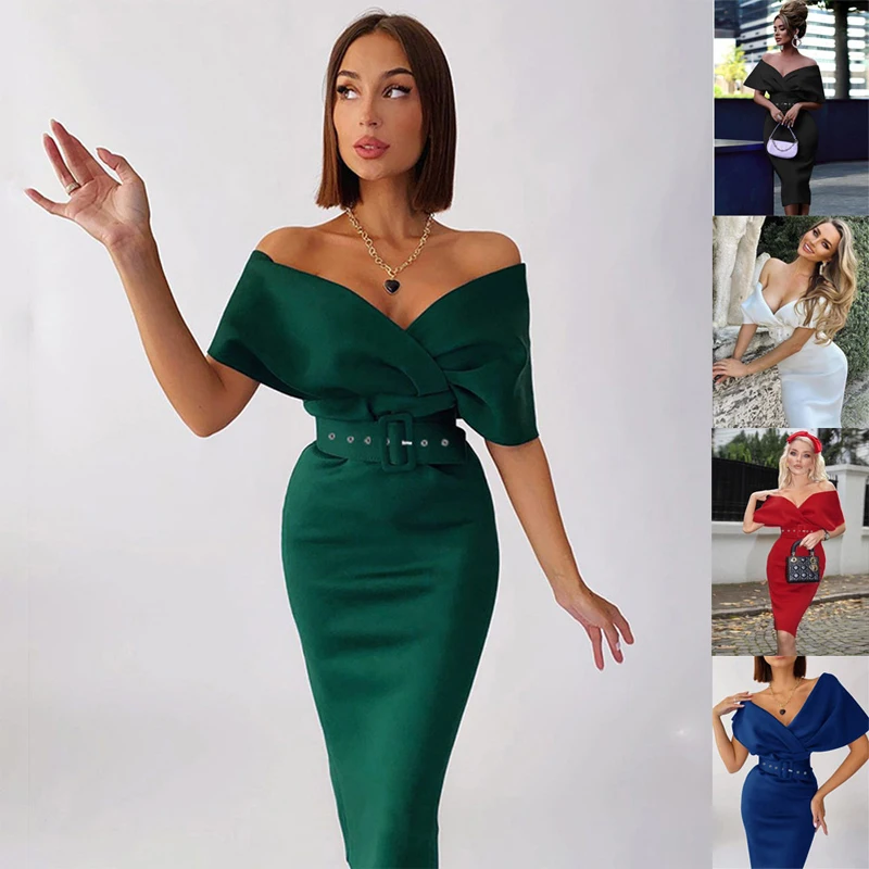 

Women Elegant Off Shoulder Wrap Short Sleeve Skinny Dress With Belt Summer Sexy V-Neck Plus Size Office Midi Dress Green Vestido