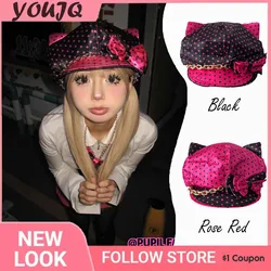 Y2K Sweet Cool Spice Girl Style Concave Modelling Polka Dot Bow Octagonal Hat Gold Chain Double Brim Beret Painter Basin Caps
