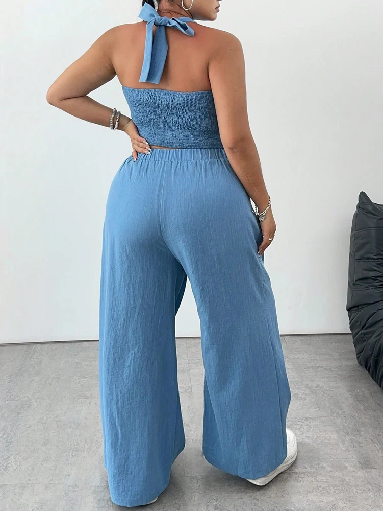 بالإضافة إلى حجم المرأة بروتيل تانك التعادل الرقبة والسراويل المستقيمة عارضة قطعتين مجموعة لون نقي أسلوب بسيط