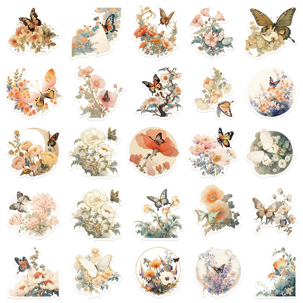10/30/50pcs Cute Aesthetic Butterfly Flower Stickers Waterproof Graffiti Luggage Suitcase Guitar Notebook Artsy Cartoon Sticker