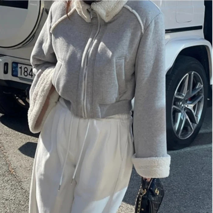 

Ladies' Chic ort Thiened Lamb Fur Jaet Korean Sle Autumn Winter Warm Zipper Closure Commute Wind for Women's Outerwear