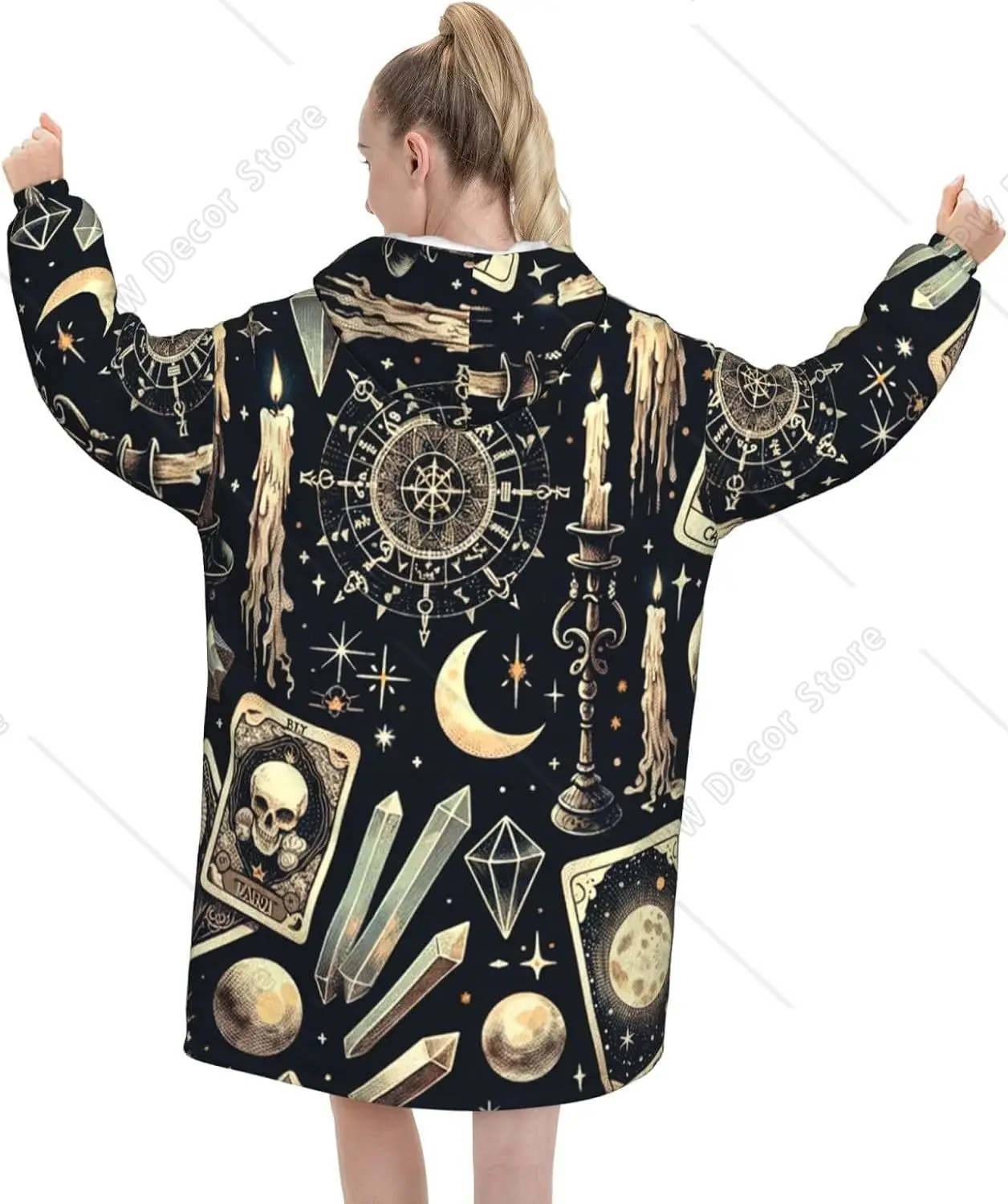 Adult Long Sleeve Flannel Hoodie Blanket Tarot Cards Vintage Halloween Soft Fuzzy Hooded Sweatshirt Lounging Pullover