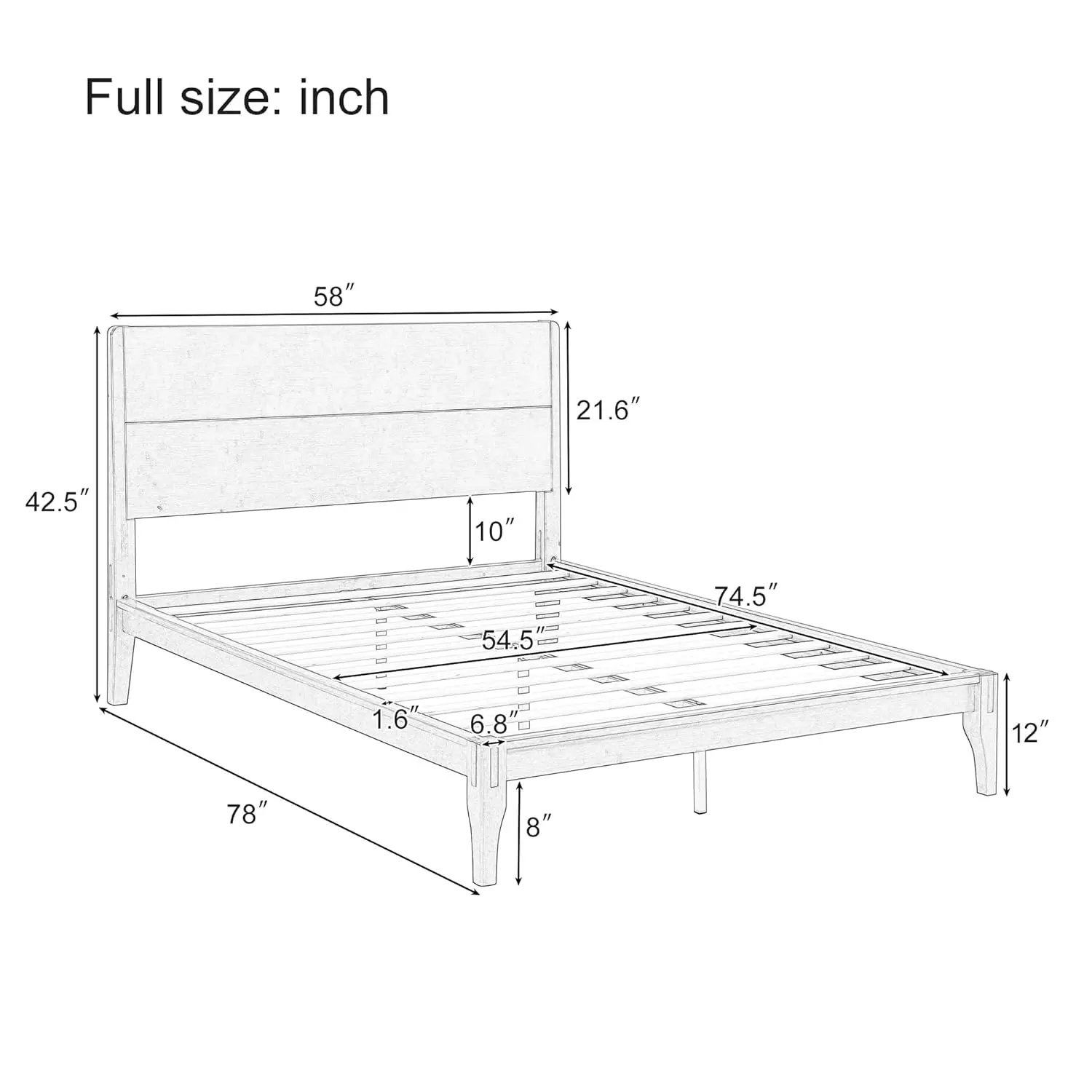 Full Size Bamboo Platform Bed, Mid-Century Modern Bed Frame with Tall Headboard, Solid Sustainable Bedframe, Customized