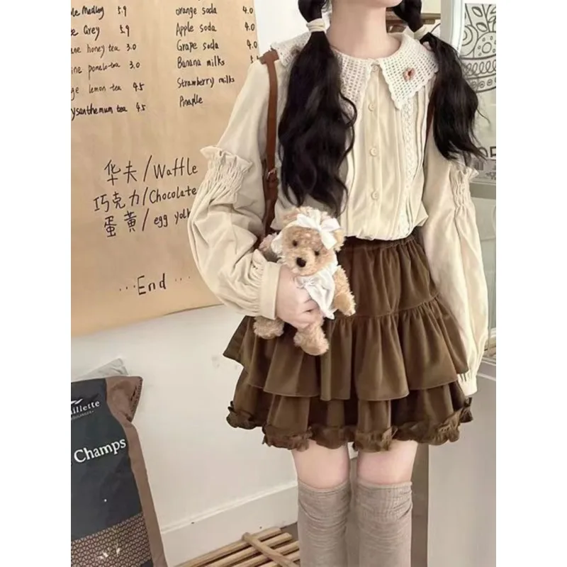 Autumn Winter Cake Skirt Brown Ruffle Y2k Fashion Casual Corduroy Mini Short Skirt Women Vintage Lolita Cute Retro Skirts