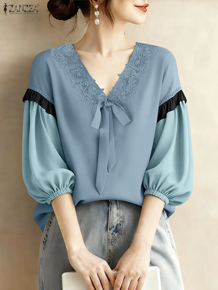 

ZANZEA Women Elegant Lace Patchwork Blouses Casual V-Neck Lantern Sleeve Bow Detailed Contrast-Color Tops Autumn Woman Clothes