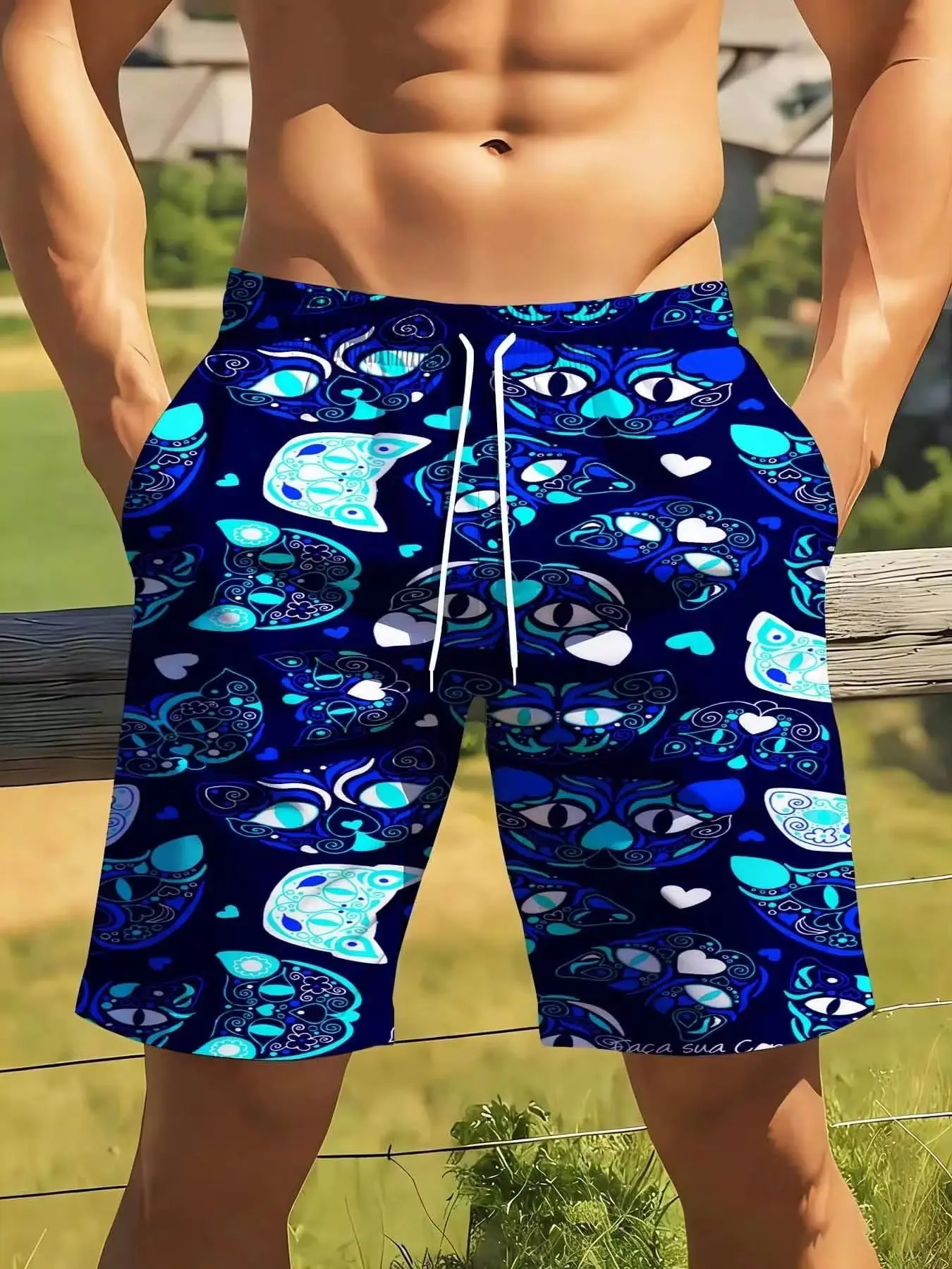 

Blue Abstract Cat Pattern Swim Trunks For Men With Drawstring Waist Big Size Suitable For Casual And Sports Wear Colorful Eye And Heart Desi